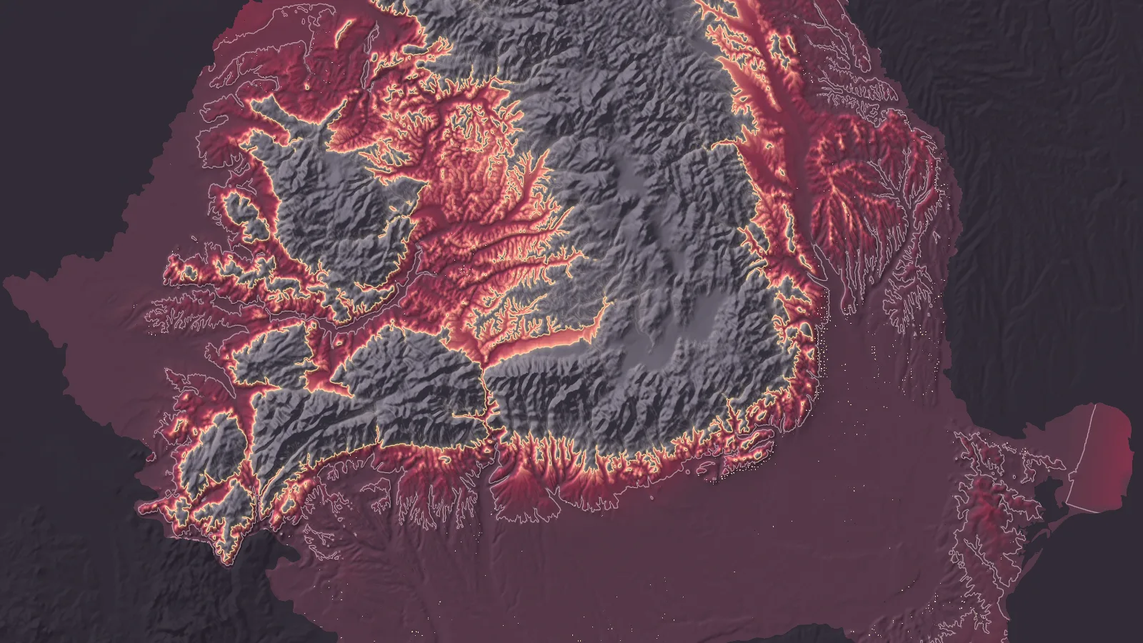 Romania’s relief, coloured where the chosen grape ripens in at least 8 summers out of 10