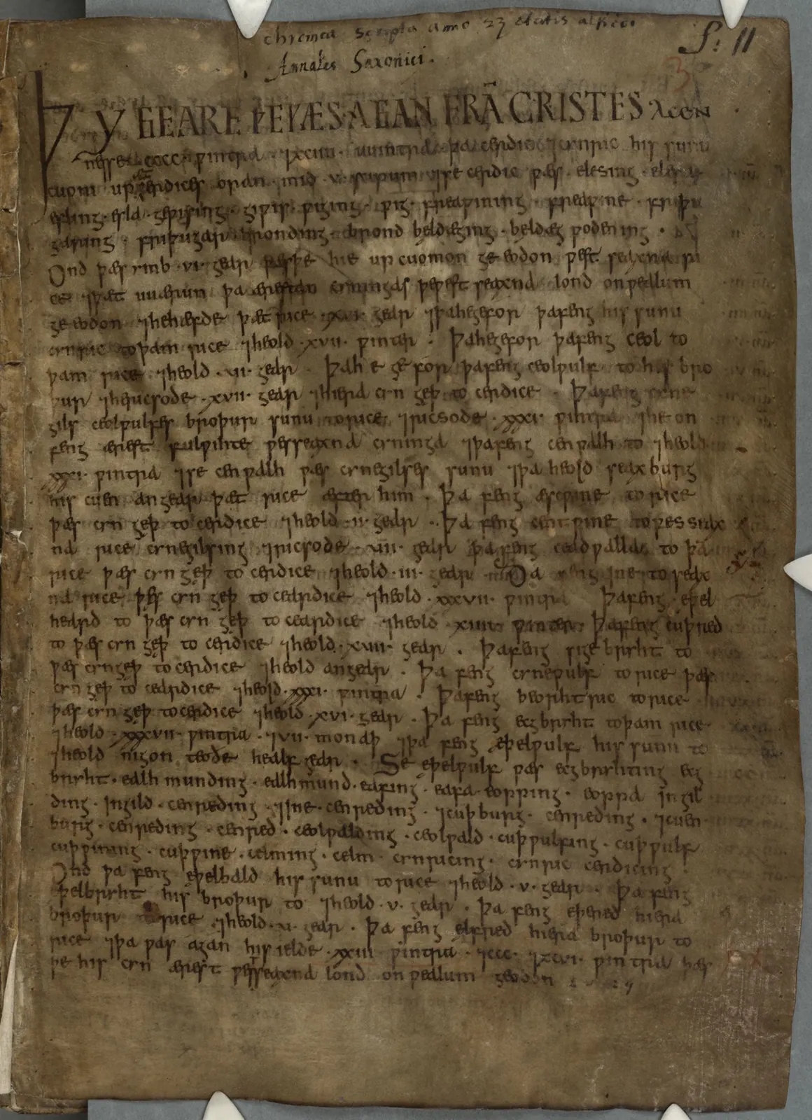 Pagină de manuscris brună, învechită, acoperită de scriere medievală deasă.