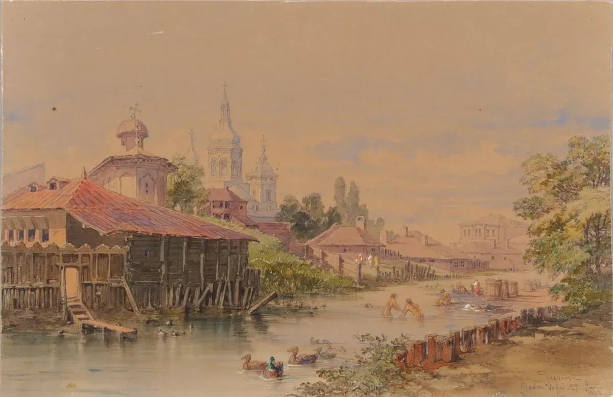 The Dâmbovița at Radu Vodă, with the Bucur church and the monastery, 1868