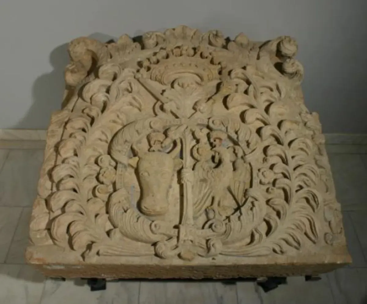 The coat of arms over the portal of the great church of Văcărești Monastery