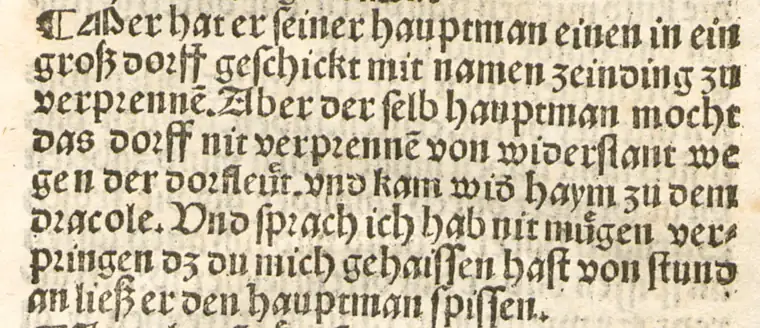 印本原文：Mer hat er seiner hauptman einen in ein groß dorff geschickt mit namen zeinding