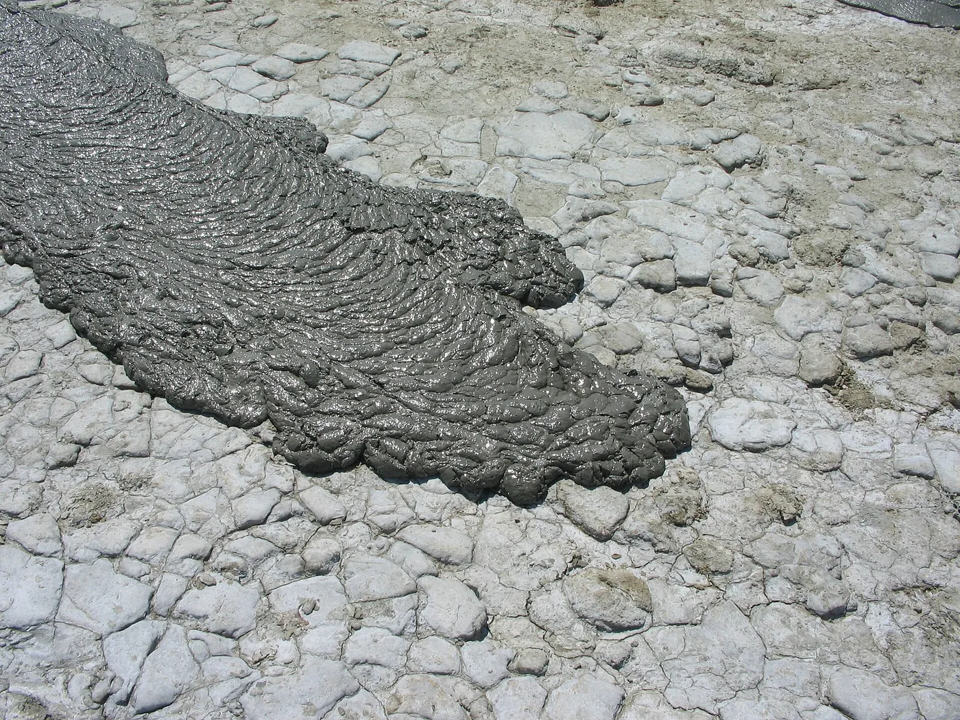 A tongue of fresh, dark-grey mud flowed over older, pale, cracked mud.