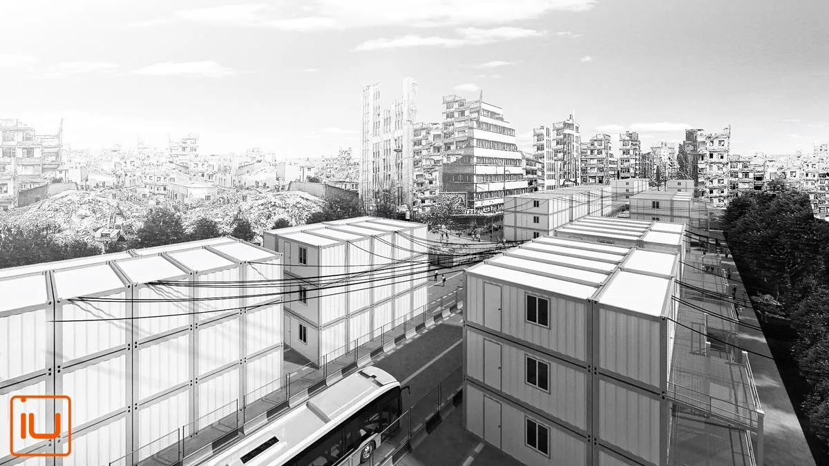 Randare alb-negru cu containere modulare pe bulevardul Magheru, într-un București imaginat după cutremur