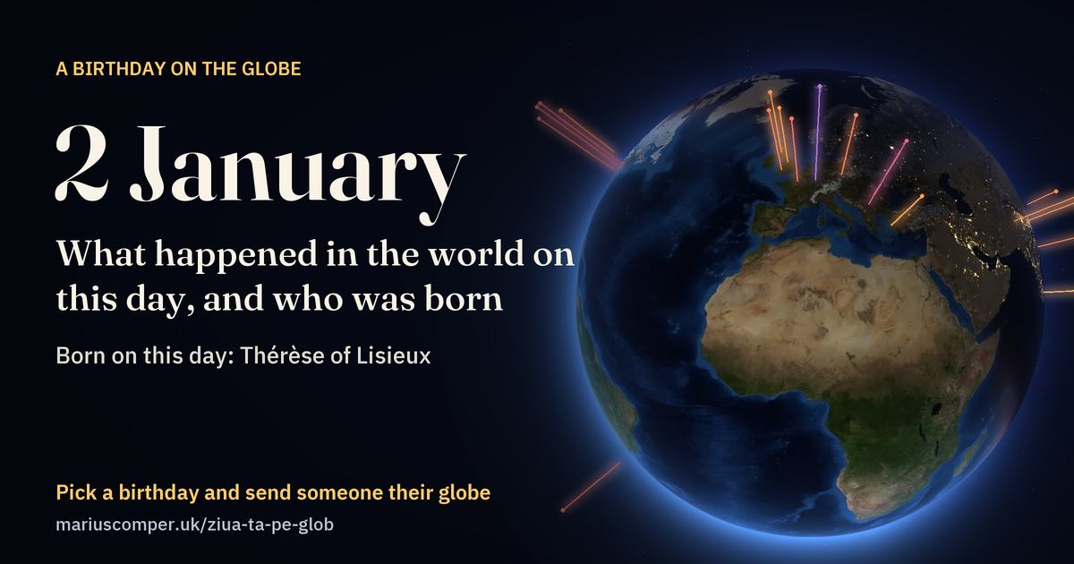 The Earth on 2 January, with the rays of the day’s events