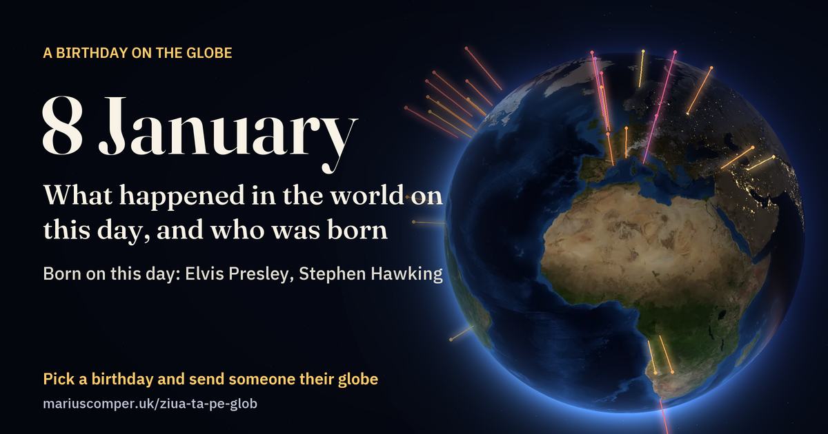 The Earth on 8 January, with the rays of the day’s events