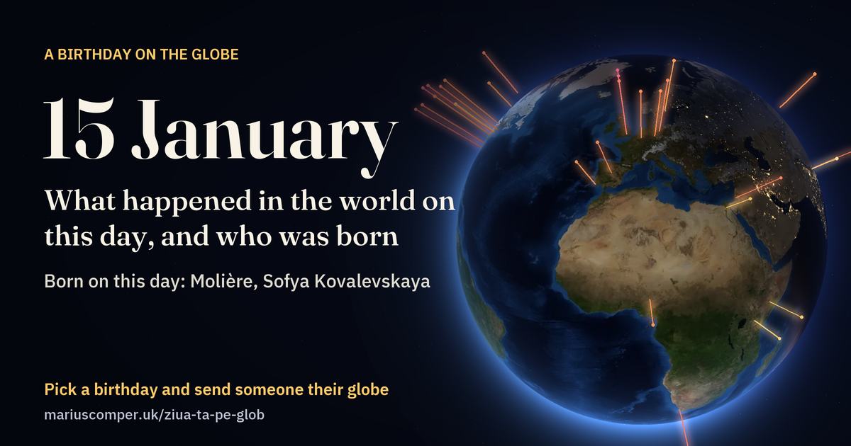 The Earth on 15 January, with the rays of the day’s events