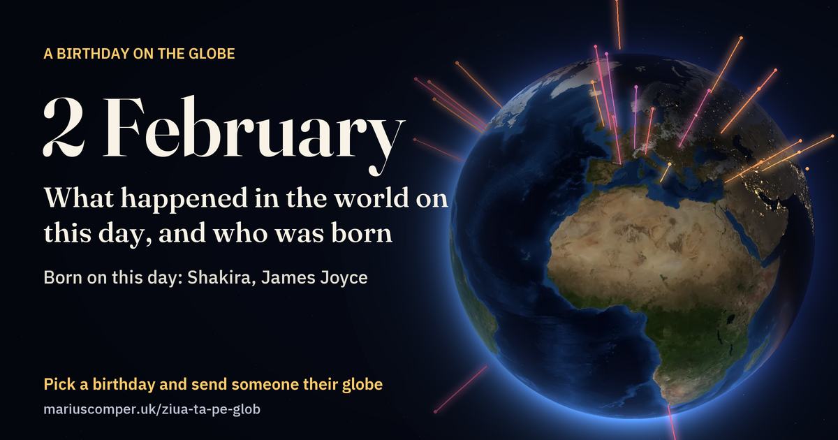 The Earth on 2 February, with the rays of the day’s events
