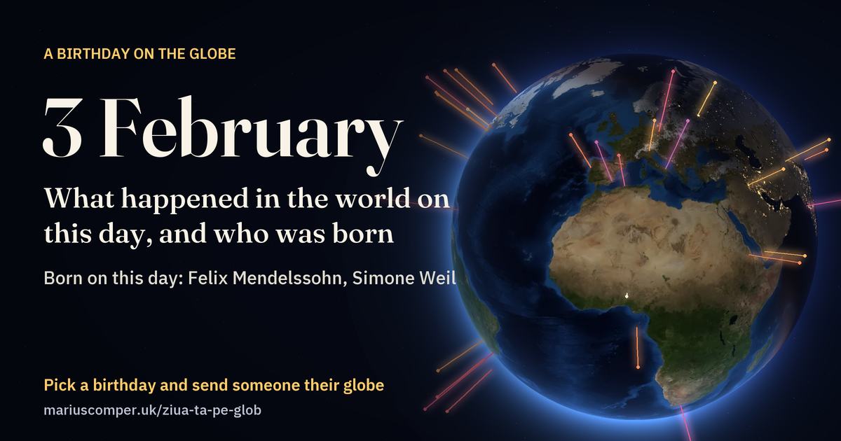 The Earth on 3 February, with the rays of the day’s events