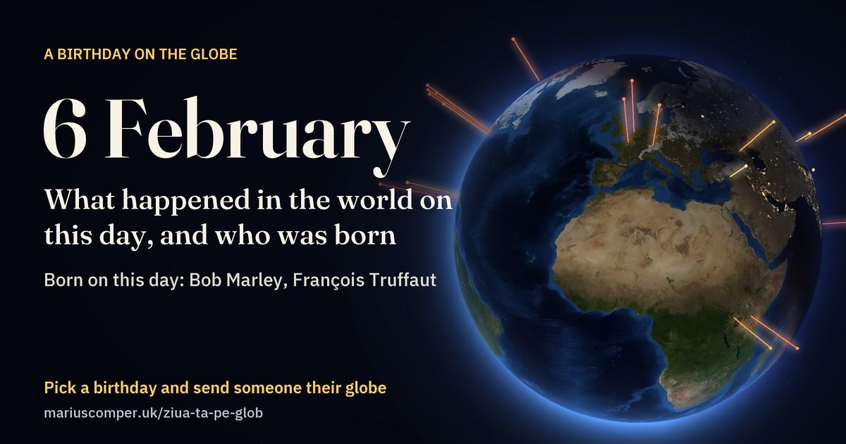 The Earth on 6 February, with the rays of the day’s events