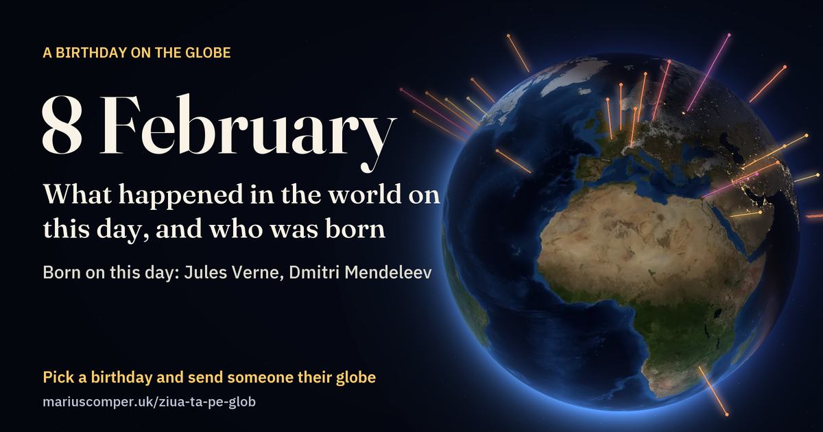 The Earth on 8 February, with the rays of the day’s events