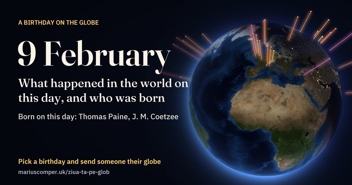 The Earth on 9 February, with the rays of the day’s events