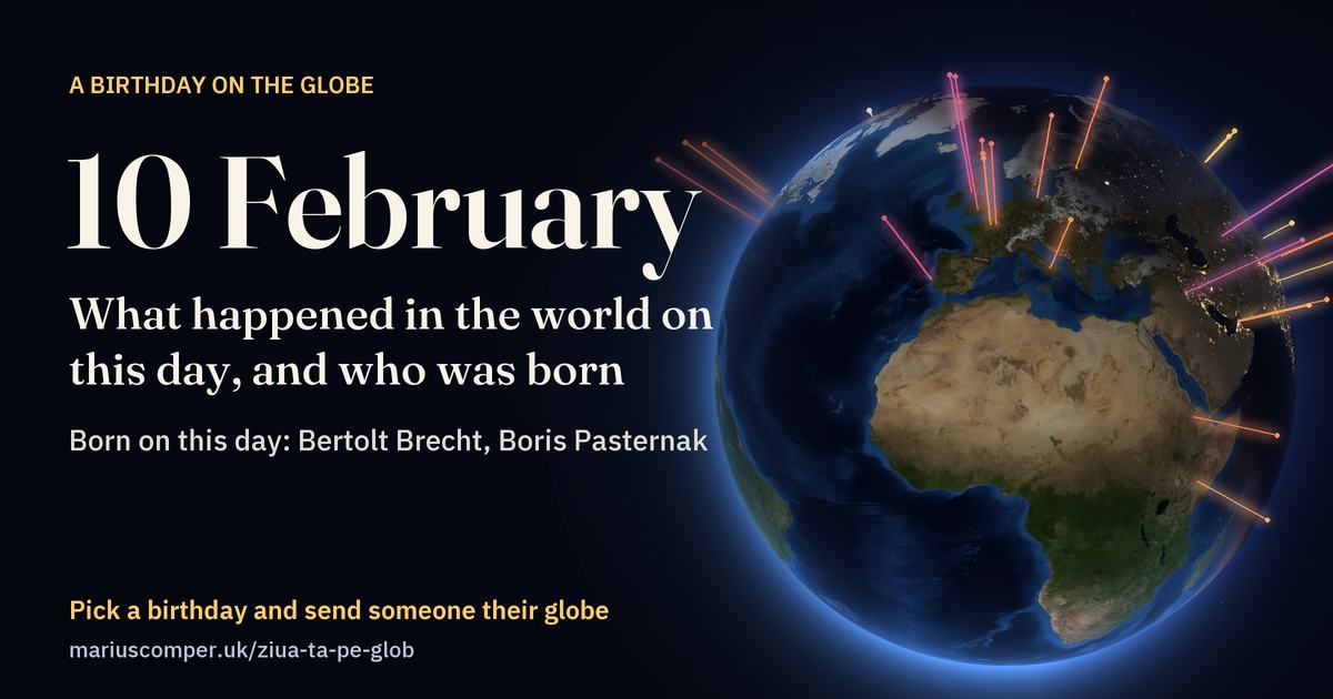 The Earth on 10 February, with the rays of the day’s events