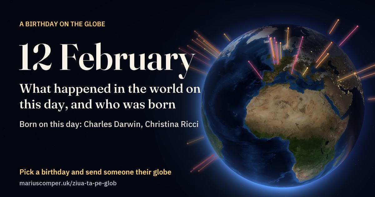 The Earth on 12 February, with the rays of the day’s events