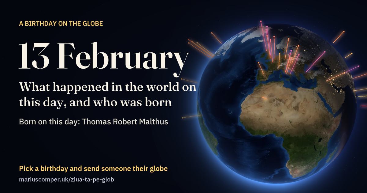 The Earth on 13 February, with the rays of the day’s events