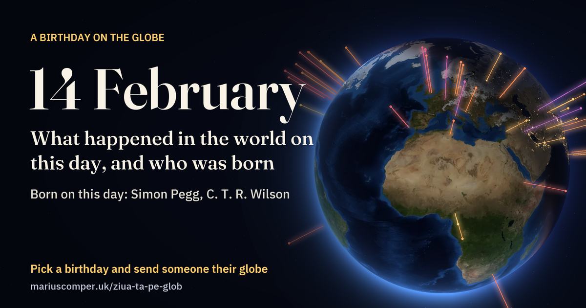 The Earth on 14 February, with the rays of the day’s events