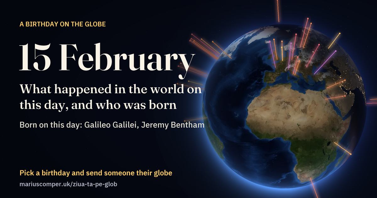 The Earth on 15 February, with the rays of the day’s events