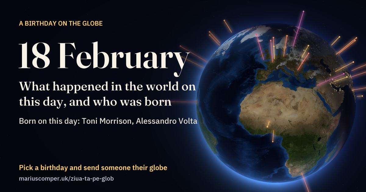The Earth on 18 February, with the rays of the day’s events