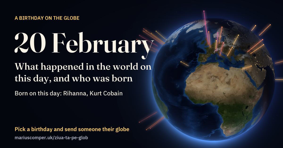 The Earth on 20 February, with the rays of the day’s events