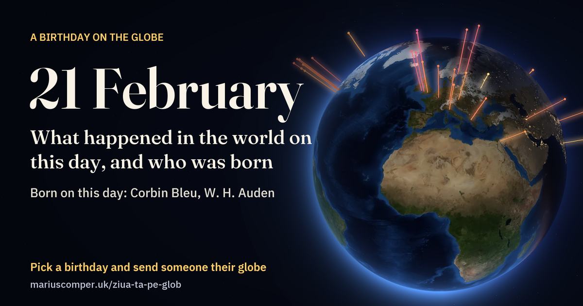 The Earth on 21 February, with the rays of the day’s events