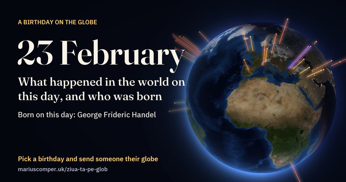The Earth on 23 February, with the rays of the day’s events