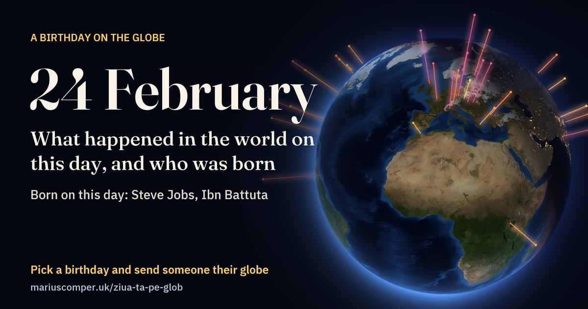 The Earth on 24 February, with the rays of the day’s events