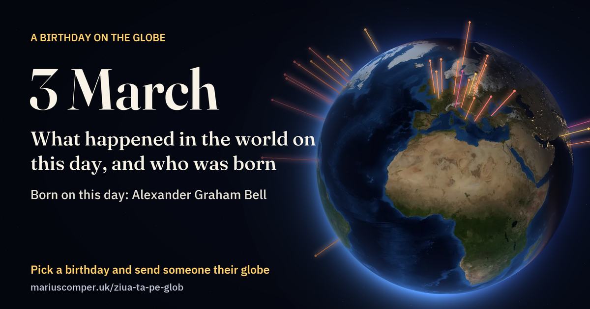 The Earth on 3 March, with the rays of the day’s events