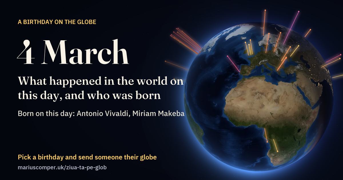 The Earth on 4 March, with the rays of the day’s events