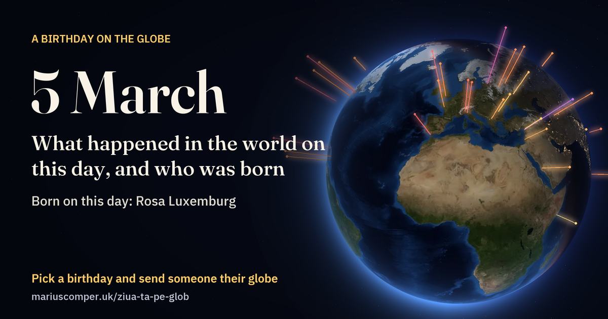 The Earth on 5 March, with the rays of the day’s events