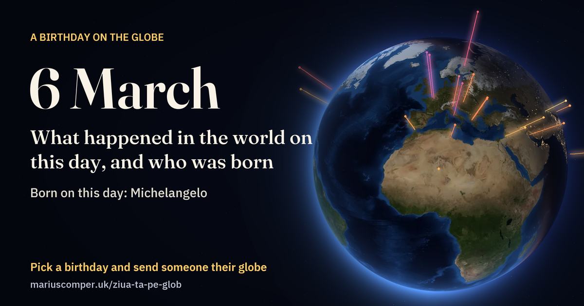 The Earth on 6 March, with the rays of the day’s events