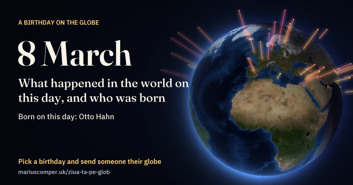 The Earth on 8 March, with the rays of the day’s events