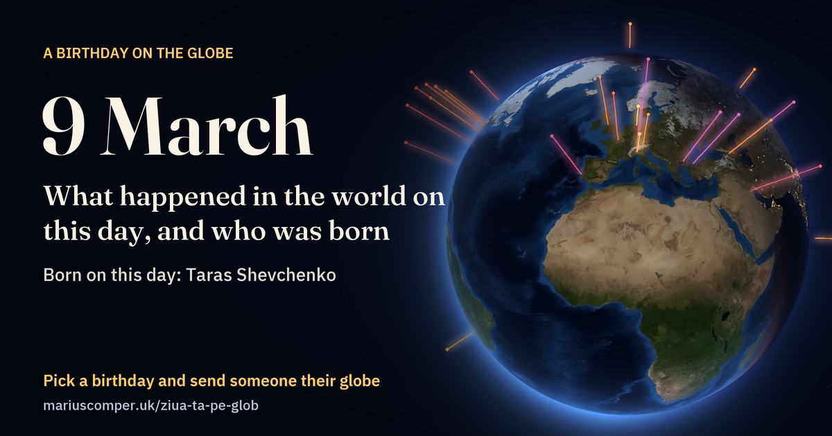 The Earth on 9 March, with the rays of the day’s events