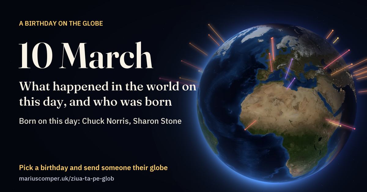 The Earth on 10 March, with the rays of the day’s events