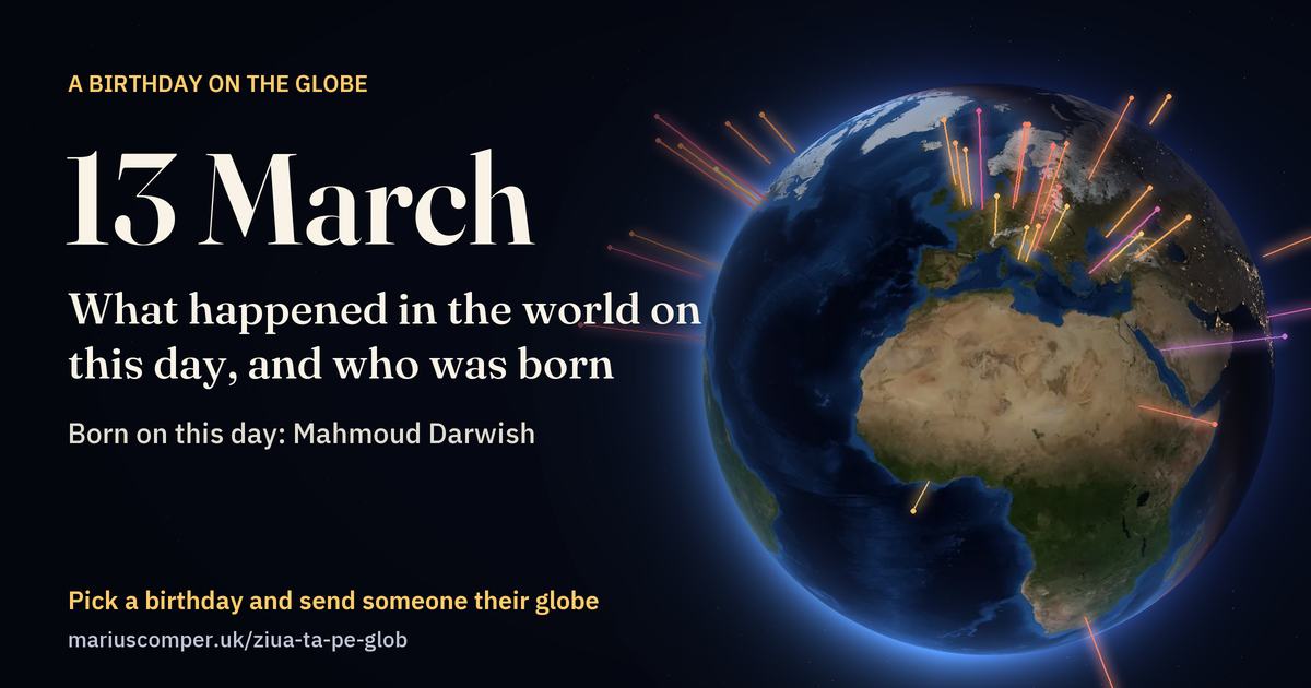 The Earth on 13 March, with the rays of the day’s events