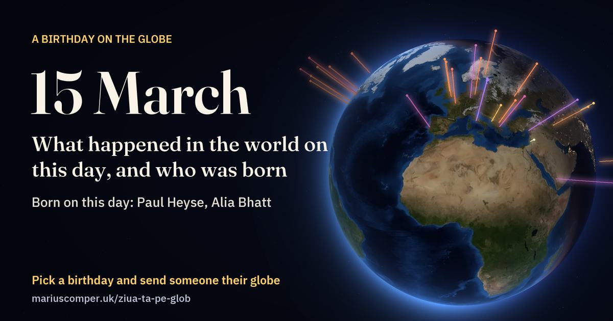 The Earth on 15 March, with the rays of the day’s events