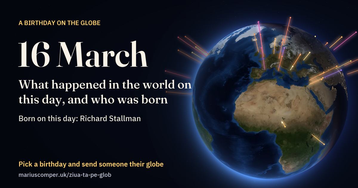 The Earth on 16 March, with the rays of the day’s events