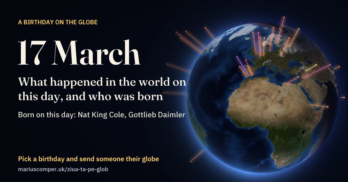 The Earth on 17 March, with the rays of the day’s events