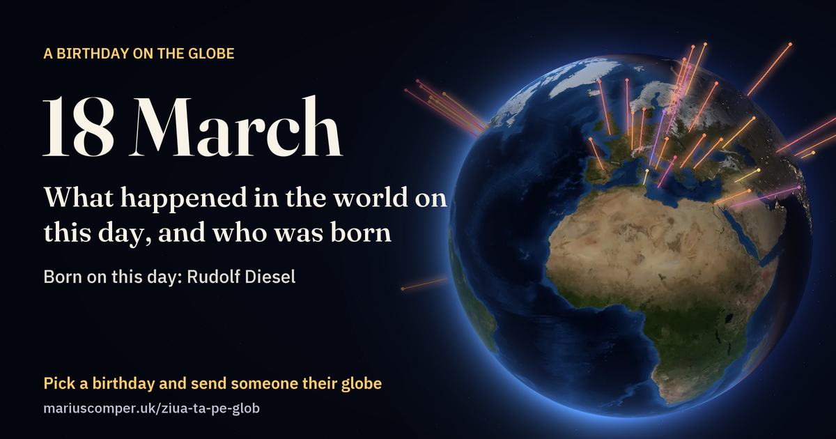 The Earth on 18 March, with the rays of the day’s events