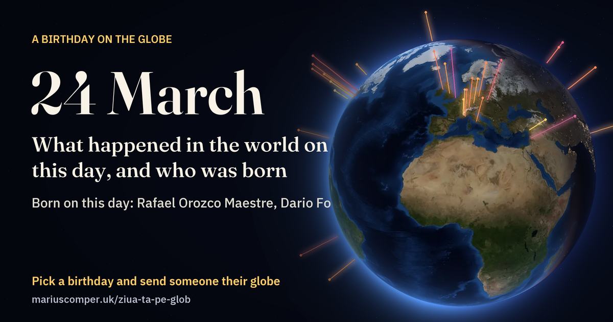 The Earth on 24 March, with the rays of the day’s events