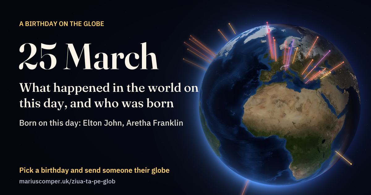 The Earth on 25 March, with the rays of the day’s events