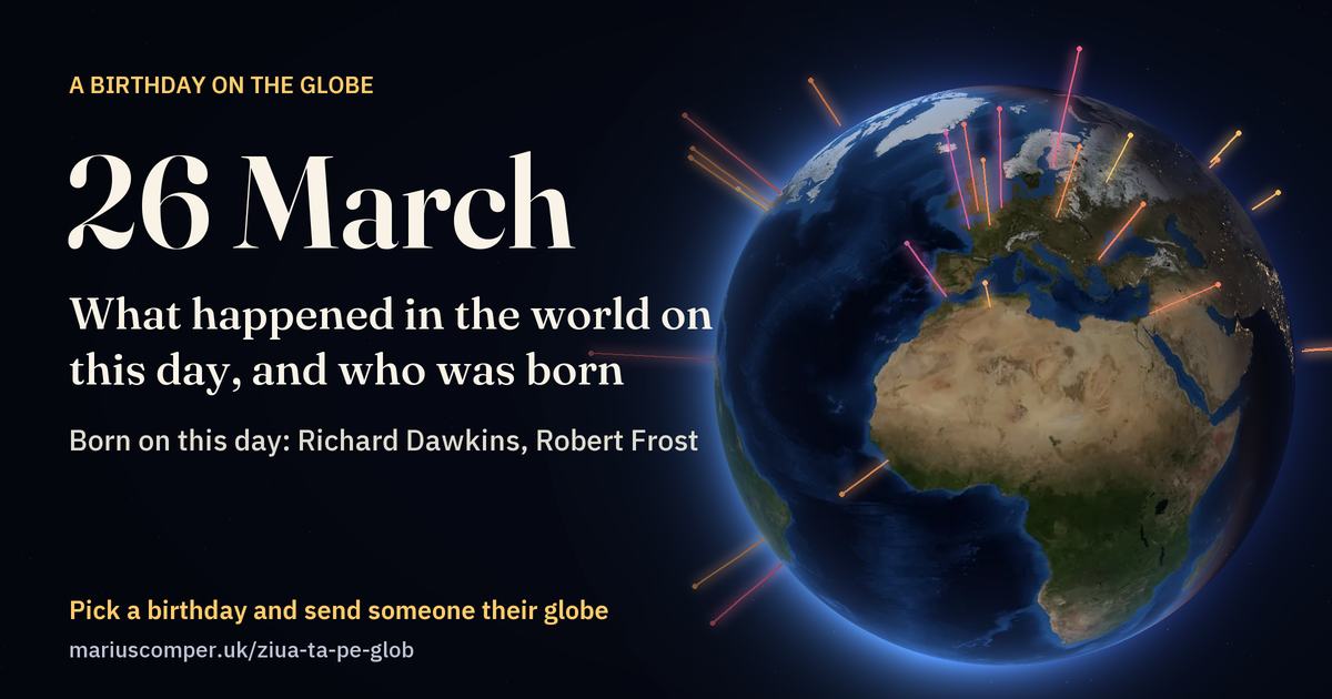 The Earth on 26 March, with the rays of the day’s events