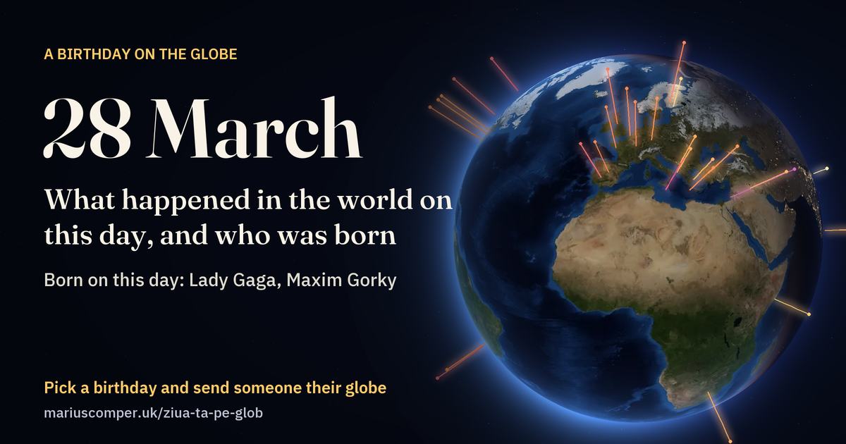 The Earth on 28 March, with the rays of the day’s events