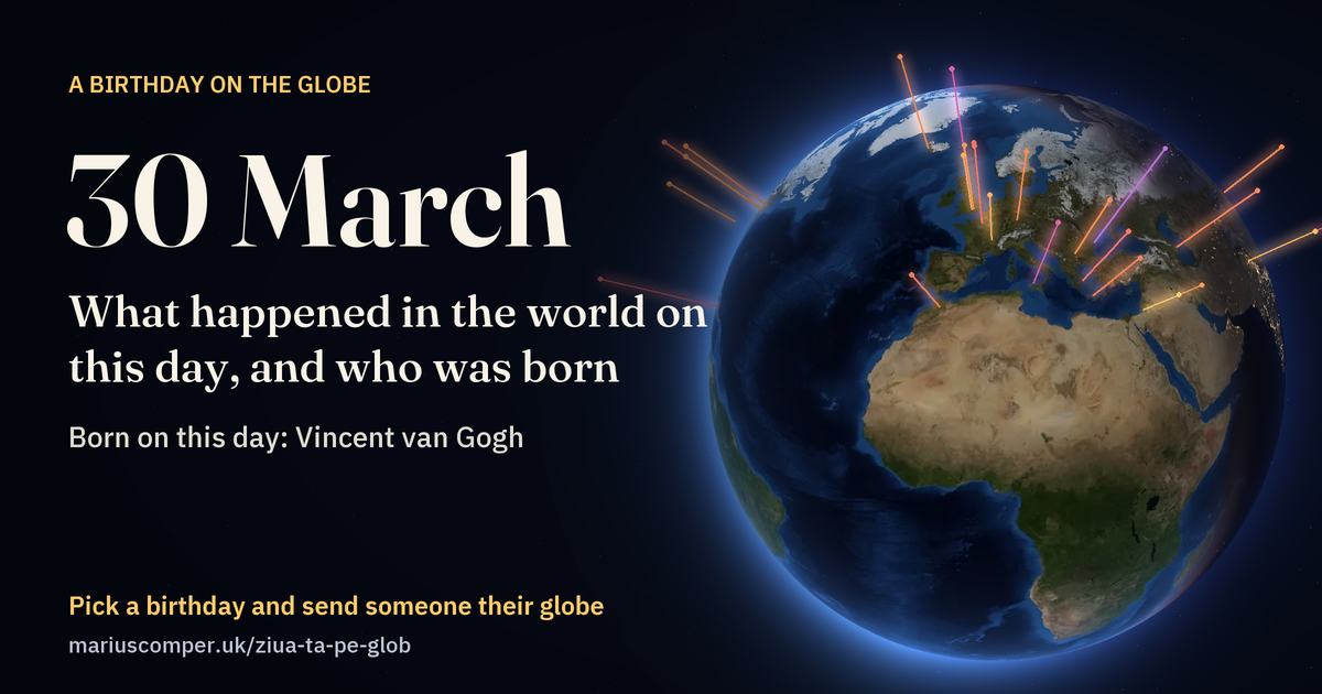 The Earth on 30 March, with the rays of the day’s events