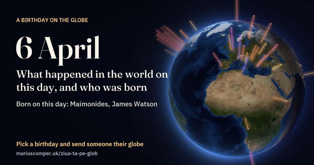The Earth on 6 April, with the rays of the day’s events