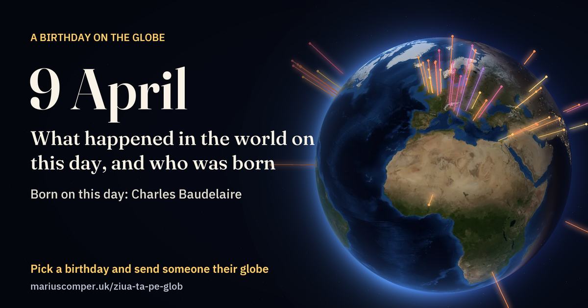 The Earth on 9 April, with the rays of the day’s events