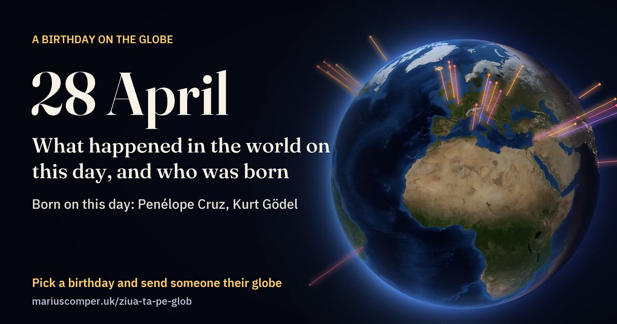 The Earth on 28 April, with the rays of the day’s events