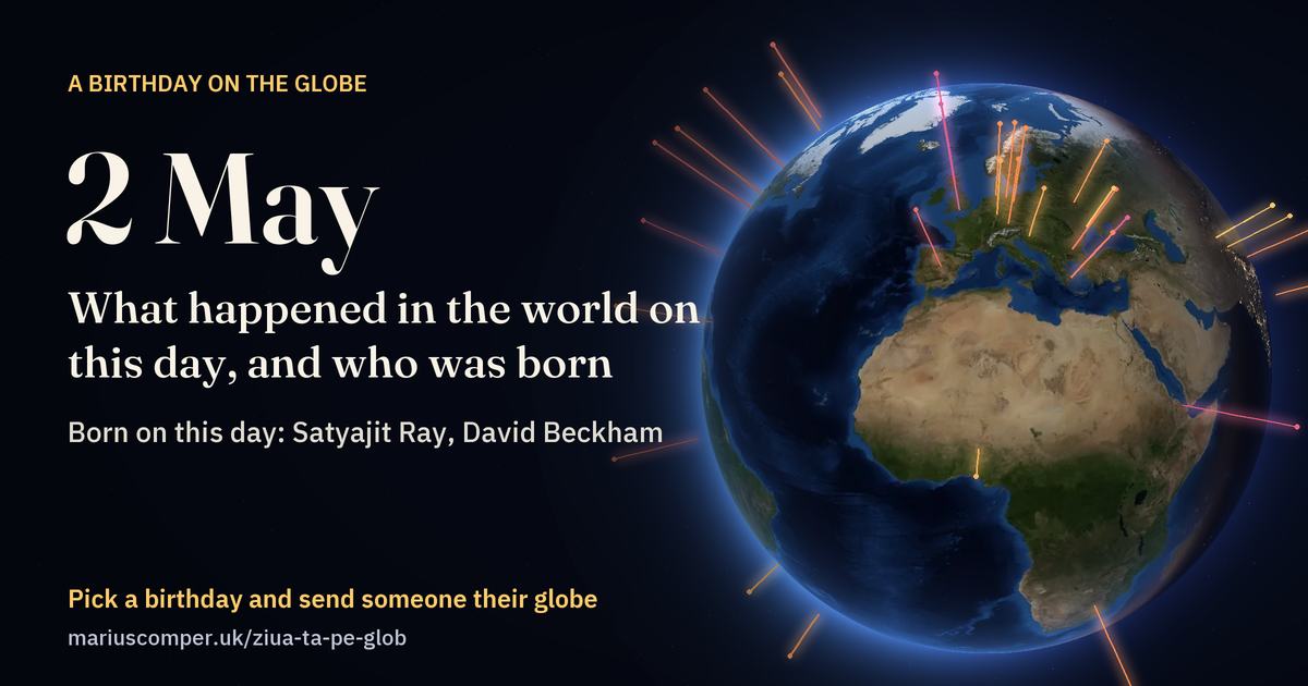 The Earth on 2 May, with the rays of the day’s events