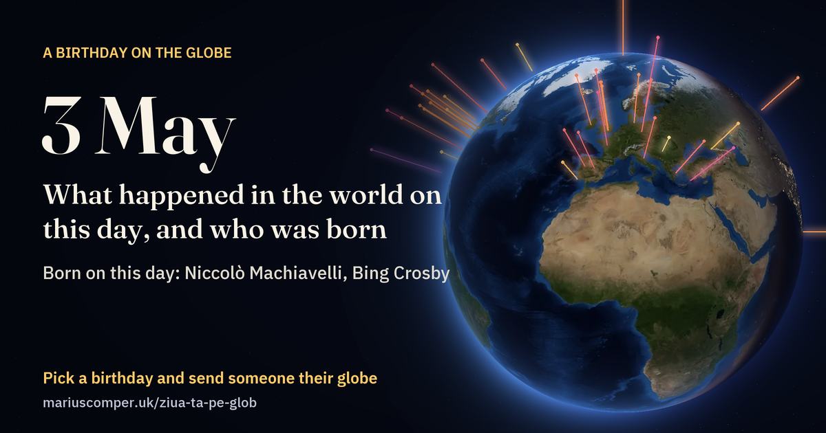 The Earth on 3 May, with the rays of the day’s events