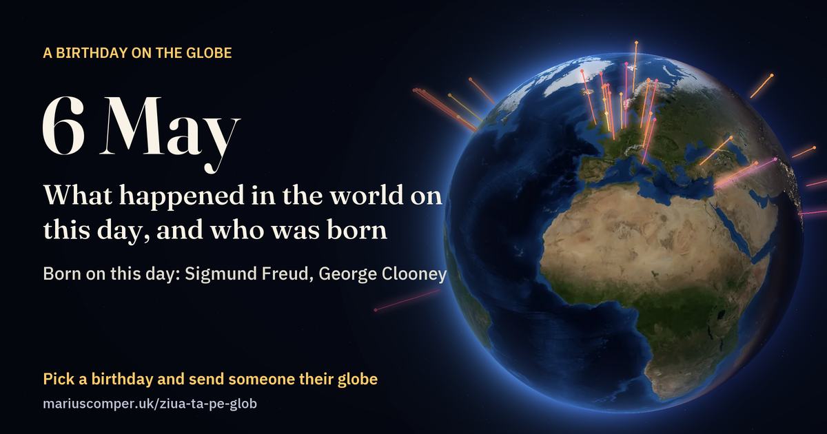 The Earth on 6 May, with the rays of the day’s events