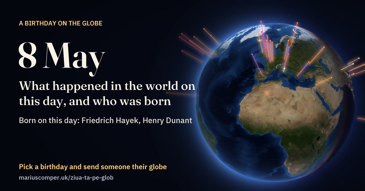 The Earth on 8 May, with the rays of the day’s events