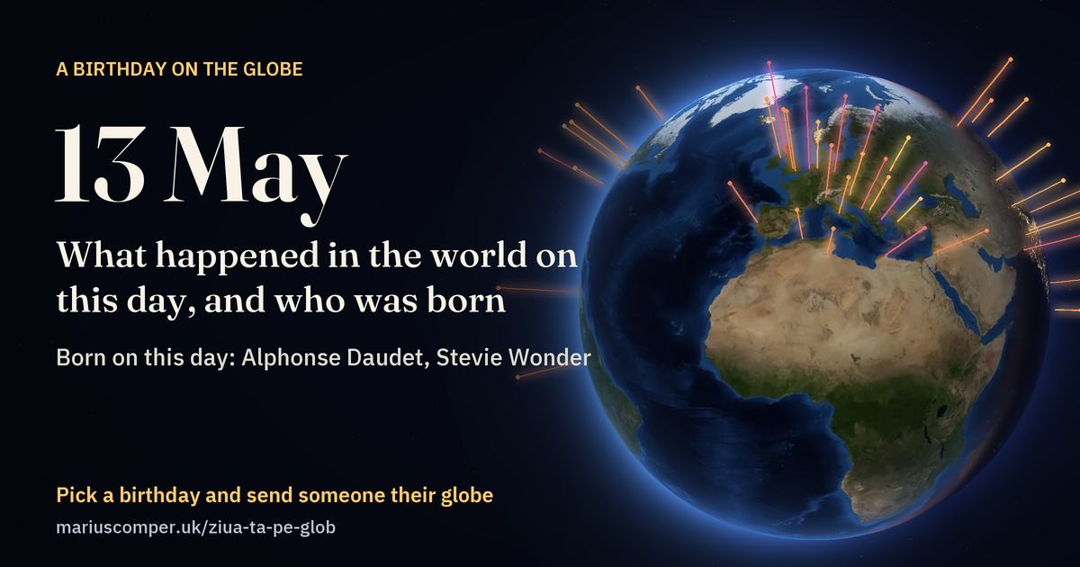 The Earth on 13 May, with the rays of the day’s events